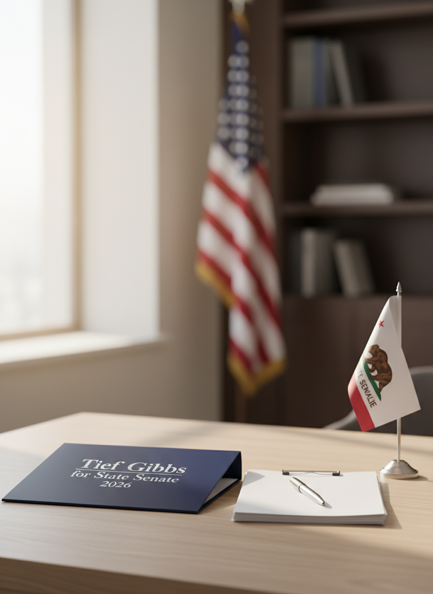 A clean, modern California State Senate campaign scene featuring a crisp navy-blue campaign folder embossed with “Tief Gibbs for State Senate 2026” in silver lettering, resting on a light oak desk. Beside it, a neatly arranged stack of briefing papers, a stainless steel pen, and a small California state flag on a brushed metal base. Soft daylight from a nearby window washes the scene in gentle, natural light, creating subtle reflections on the metallic details and faint shadows under the objects. The background is softly blurred, hinting at a professional office with bookshelves and a muted American flag. Photographic realism, eye-level composition, calm and professional mood, with a shallow depth of field emphasizing focus, competence, and readiness to serve.