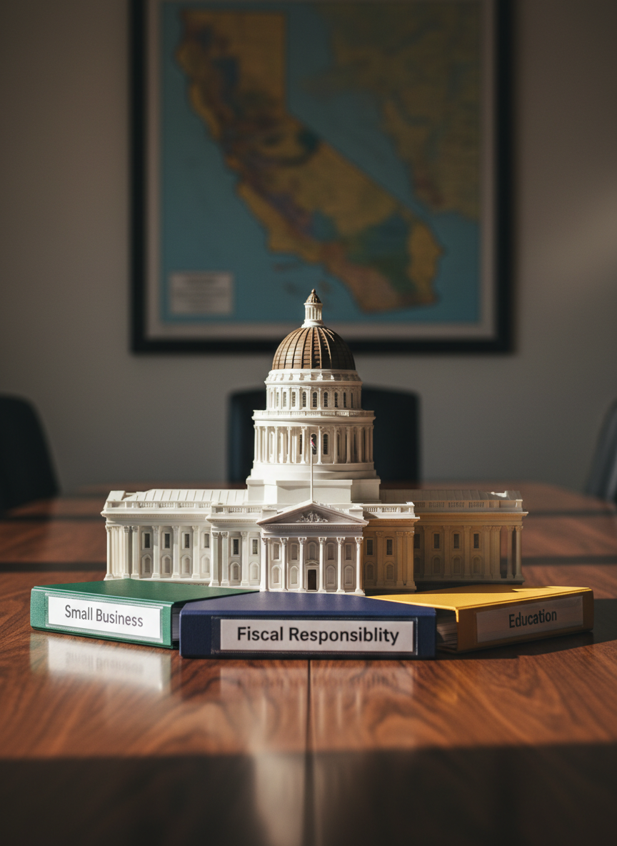 An elegant, photographic close-up of a detailed California State Capitol miniature model in matte white stone texture, placed on a polished walnut conference table. Around it are neatly organized color-coded policy binders labeled “Small Business,” “Public Safety,” “Fiscal Responsibility,” and “Education,” with clean typography. Late afternoon natural light streams through unseen windows, forming warm, directional highlights on the dome and gentle shadows across the table’s grain. In the softly blurred background, a wall-mounted map of California in muted blues and golds adds context. Shot from a slightly elevated angle, the composition uses the rule of thirds to balance the capitol model and binders, creating a serious yet hopeful atmosphere aligned with a thoughtful, policy-focused campaign.