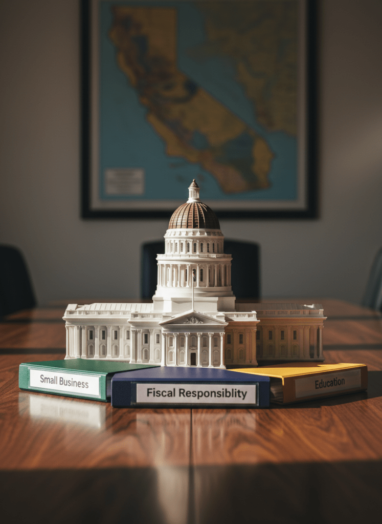 An elegant, photographic close-up of a detailed California State Capitol miniature model in matte white stone texture, placed on a polished walnut conference table. Around it are neatly organized color-coded policy binders labeled “Small Business,” “Public Safety,” “Fiscal Responsibility,” and “Education,” with clean typography. Late afternoon natural light streams through unseen windows, forming warm, directional highlights on the dome and gentle shadows across the table’s grain. In the softly blurred background, a wall-mounted map of California in muted blues and golds adds context. Shot from a slightly elevated angle, the composition uses the rule of thirds to balance the capitol model and binders, creating a serious yet hopeful atmosphere aligned with a thoughtful, policy-focused campaign.